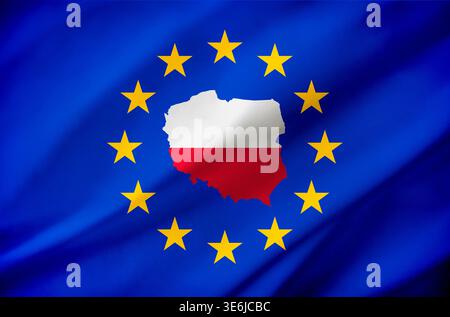 Flagge der Europäischen Union mit polnischer Silhouette, gefüllt mit polnischen weißen und roten Farben, umgeben von gelben Sternen auf einem blau schwenkenden Hintergrund Stockfoto