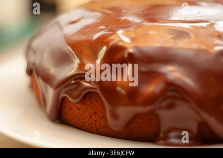 Nahaufnahme eines köstlichen hausgemachten Kuchens mit dicker Hochglanzschokolade, die an der Seite tropft. Süßes Dessert. Stockfoto