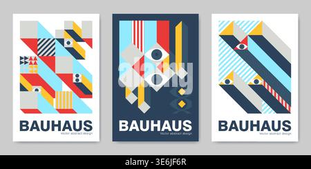 Poster im Bauhaus-Design mit geometrischen Formen und modernen schweizer Mustern. Abstrakte Vektorhintergründe, Layoutvorlagen mit roten, gelben und blauen Akzenten im minimalistischen Architekturstil. Stock Vektor