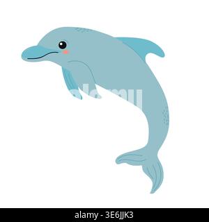 Zeichentrickillustration eines verspielten Delfins, der anmutig mit einem hellblauen Körper und einem fröhlichen Ausdruck vor weißem Hintergrund schwimmt Stock Vektor