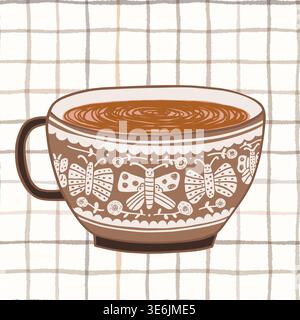 Braune Vektor-Kaffeetasse mit künstlerischem Muster mit Schmetterlingen und Blumen für Café und Bäckerei Werbung Designs, Kaffeeprodukte Verpackung Stock Vektor