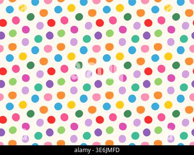 Bunte helle Polka Dots mit unregelmäßigen Formen nahtloses Vektormuster, mehrfarbige runde Punkte für Kinder Design und Geburtstagspackpapier Stock Vektor