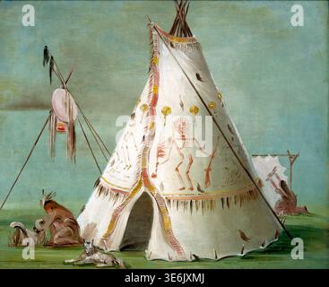 Historisches Gemälde Crow Lodge of Twenty-Five Buffalo Skins von George Catlin, das einen Plains Indian Tipi aus Büffelhäuten mit gemalten Figuren und Szenen des täglichen Lebens darstellt, entstanden um 1832–1833. Stockfoto