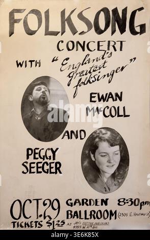 Handgefertigtes Konzertposter, Ewan MacColl, Peggy Seeger, Garden Ballroom, Vancouver, BC, Kanada Stockfoto