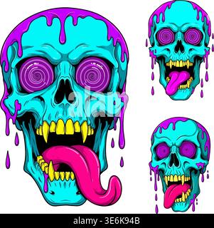 Neon-schmelzender Schädel-Illustration-Set, psychedelisches farbenfrohes Horror-Konzept Stock Vektor