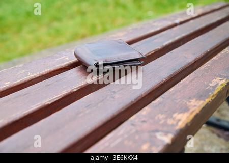 Braune Ledergeldbörse auf alten Holzlatten der Parkbank im Freien mit abgenutzter Farbe und verschwommenem grünem Gras im Hintergrund bei natürlichem Tageslicht, Stockfoto