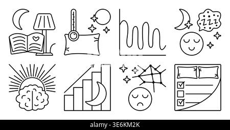 Schlafqualität und Produktivität, schwarze Linie. Einfarbige Umrisslinie Gute und schlechte Schlafzeichen Sammlung, editierbarer Schlaganfall verschiedene Somnologie-Symbole Stock Vektor