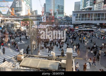 Fußgänger überqueren die berühmte Kreuzung Shibuya Crossing in Tokio, Japan. Stockfoto