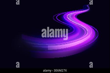 Leuchtende neonviolette Lichtwellenkurve auf dunklem futuristischem Hintergrund, abstraktes Motion Trail Design für Technologie, Musik oder Nachtleben digitale Hintergründe und Banner Vektorillustration Stock Vektor
