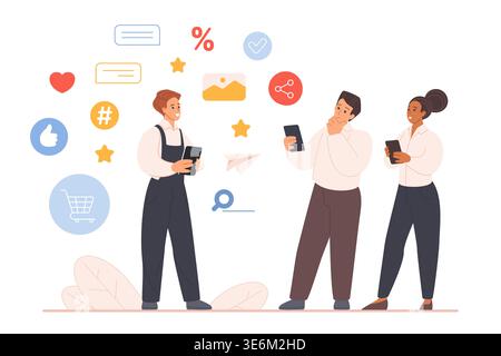 Geschäftsleute, die Smartphones für Online-Marketing, Kommunikation in sozialen Medien, digitales Shopping nutzen, umgeben von Symbolen mit Likes, Nachrichten, Suche, E-Commerce, isolierte Vektorillustration Stock Vektor