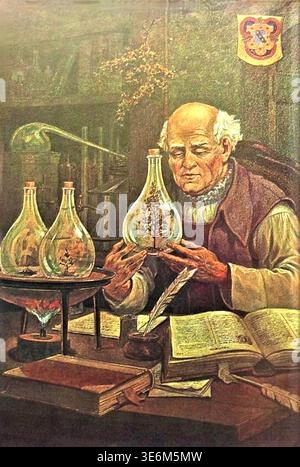 John Augustus knapp (1853–1938), Paracelsus, der das Experiment der Palingenese durchführt, stellt in seinem Labor den berühmten Schweizer Arzt, Alchemisten und Philosophen Paracelsus (1493–1541) dar. Er führt das alchemistische Experiment der Palingenese durch, das sich auf die „Regeneration des Lebens“ oder die Schaffung eines neuen Universums aus der Asche des Alten bezieht. Paracelsus, der oft als „Vater der modernen Medizin“ bezeichnet wird, glaubte, dass die Fantasie ein wichtiger Faktor für die Heilung sei. Stockfoto