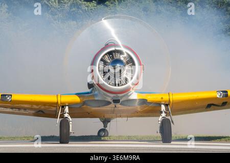 Nach vorne gerichteter Schuss eines alten gelben Propellerflugzeugs, das auf einer Start- und Landebahn mit drehendem Radialmotor und Rauch oder Nebel dahinter fährt, um Motio einzufangen Stockfoto