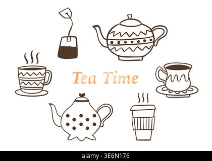 Teezeit handgezeichnetes Doodle Set mit Teekanne Stock Vektor