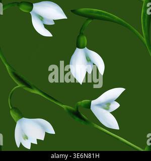 Weiße Schneeglöckchen, grüne Äste. Nahtloses botanisches Blumenmuster. Digitales Aquarell, handgezeichnet. Für die Gestaltung von Einladungen, Zertifikaten, Postkarten, Stockfoto