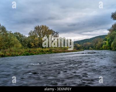 Fluss im Herbst. Bunte Bäume am Ufer. Bewölkter blauer Himmel, am frühen Morgen. Saisonale Landschaft. Beckov, Slowakei Stockfoto