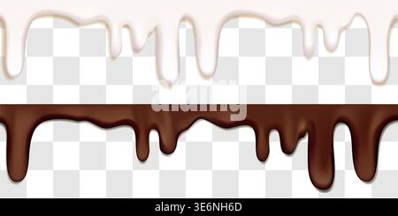 Milchig weiße Soße tropft, geschmolzene Schokolade, flüssiger Eisstrom. 3D-Joghurt realistische Textur, Spritzwasser-Vektor bg. Welliger Siruprahmen in Pfannkuchen oder che Stock Vektor