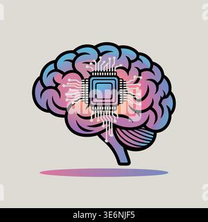 Eine Vektor-Illustration, die ein menschliches Gehirn darstellt, mit einem Mikrochip im Zentrum, der künstliche Intelligenz und technologische Fortschritte in symbolisiert Stock Vektor