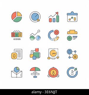 Eine Reihe farbenfroher Liniensymbole, die verschiedene Geschäfts- und Finanzkonzepte wie Diagramme, Daten und Sicherheit darstellen, die auf einem klaren weißen Hintergrund dargestellt werden Stock Vektor