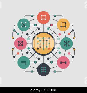 Eine stilisierte Grafik, die ein Netzwerk aus miteinander verbundenen Knoten und abstrakten geometrischen Figuren darstellt und ein modernes und technologisches Gefühl schafft. Stock Vektor