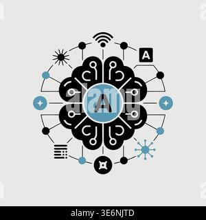 Eine Abbildung einer hirnähnlichen Struktur, die künstliche Intelligenz repräsentiert, umgeben von Technologiesymbolen und Datenverbindungen. Stock Vektor