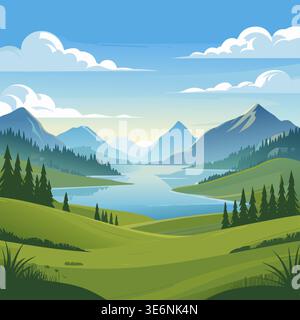 Vektor-Illustration einer wunderschönen Karikaturlandschaft mit Bergen, einem See, einem Wald, grünen Hügeln und einem blauen Himmel mit Wolken, perfekt für Backg Stock Vektor
