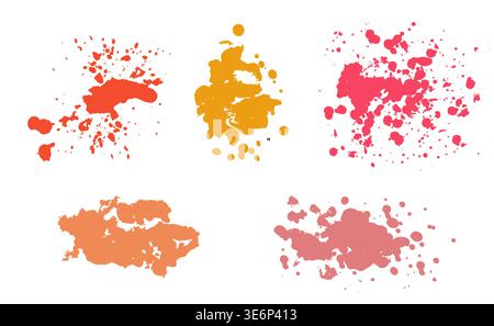 Set aus roten und gelben Handzeichnungen farbige abstrakte Flecken Farbe Spritzer isoliert auf einem weißen Hintergrund. Malen Sie verschiedene Formen von Flüssigflecken für PA Stock Vektor