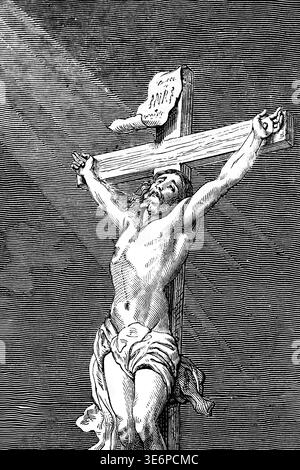 Die Kreuzigung Christi, König der Juden, Golgatha Hügel, Lukas Evangelium, Kapitel 23, Neues Testament, Kreuz, Lichtstrahl, Himmel, Tod, Jerusalem, Stockfoto
