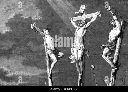 Die Kreuzigung Christi, König der Juden, Golgatha Hügel, Lukas Evangelium, Kapitel 23, Neues Testament, Kreuz, Lichtstrahl, Himmel, Tod, Jerusalem, Stockfoto