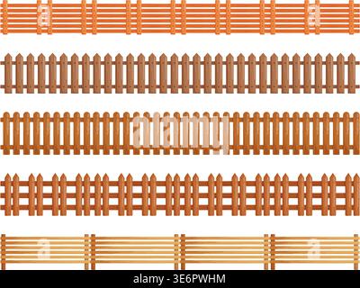 Set aus Holzzaun in verschiedenen Stilen, isoliert auf weißem Hintergrund, perfekt für Bauernhof- und Gartenszenen, 2D-Spiele, Ebenendesign, UI-Dekorati Stock Vektor
