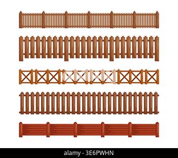 Set aus Holzzäunen in verschiedenen Stilen, isoliert auf weißem Hintergrund, perfekt für 2D-Bauernspiele, Gartenszenen, Ebenendesign, Kacheln, Landschaft dez Stock Vektor