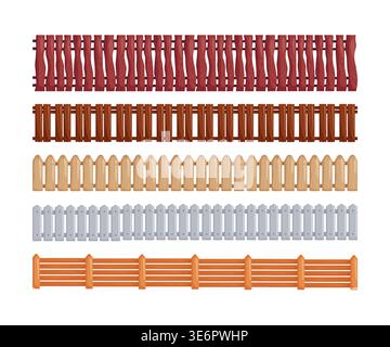 Set aus verschiedenen Zaunrändern, einschließlich rustikalem Holz, Pfostenstilen und Metallpaneelen, isoliert auf weißem Hintergrund für 2D-Spiele, Bauernhof- und Stadtszenen, Stock Vektor