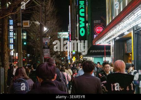 Fußgänger spazieren nachts auf einem Bürgersteig im Akihabara-Viertel von Tokio, Japan, mit beleuchteten Ladenfronten und Schildern entlang der Straße. Die Gegend ist bekannt für ihre Elektronikläden und das pulsierende Nachtleben. Akihabara, oft als Tokios Electric Town bezeichnet, ist ein großes Einkaufsviertel, das für Elektronik, Anime, Manga und Gaming-Kultur bekannt ist. Helle Schilder, Spezialitätenläden und Themencafés machen es zu einem Treffpunkt für Technikbegeisterte und Fans der japanischen Popkultur. Stockfoto