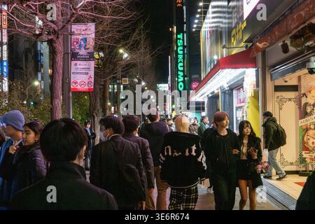 Fußgänger spazieren nachts auf einem Bürgersteig im Akihabara-Viertel von Tokio, Japan, mit beleuchteten Ladenfronten und Schildern entlang der Straße. Die Gegend ist bekannt für ihre Elektronikläden und das pulsierende Nachtleben. Akihabara, oft als Tokios Electric Town bezeichnet, ist ein großes Einkaufsviertel, das für Elektronik, Anime, Manga und Gaming-Kultur bekannt ist. Helle Schilder, Spezialitätenläden und Themencafés machen es zu einem Treffpunkt für Technikbegeisterte und Fans der japanischen Popkultur. (Foto: Shawn Goldberg / SOPA Images/SIPA USA) Stockfoto