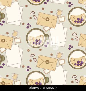 Schwarzer Johannisbeertee und nahtloses Vintage Mail Muster. Fertigen Sie Briefumschläge mit Wachs-Dichtung, Beeren-Getränk, Briefmarken und Zitronenscheiben Hintergrund. Oberes V Stock Vektor