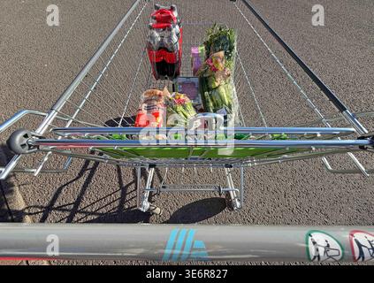 Wirtschaft in Neunkirchen, Saarland 07.04..2026, Wirtschaft v.l. Symbolbild, Alltagsbild, Discounter Aldi Süd, Unternehmenslogo, Logo, Transparent, Werbung, Emblem, Einkaufswagen mit Lebensmitteln Coca-Cola Zero, Peterselie, Toast, Salami, Joghurt, Salat, Tomaten, Gnochi, Brot, Veganer Einkaufswagen das Foto zeigt den Blick von oben in einem teilweise gefüllten Einkaufswagen, der auf einem asphaltierten Parkplatz steht. Zu sehen ist eine Mischung aus Lebensmitteln, darunter ein Sixpack Coca-Cola, eine Packung American Sandwich-Toast, frisches Gemüse wie Gurken und Lauch, verpackter Aufschnitt Stockfoto
