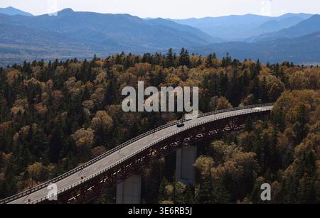 Ein Hochbahnviadukt, das sich anmutig durch einen Herbstwald mit Blick auf die Berge jenseits Japans biegt. Technische Leistungen, die von lebhaftem saisonalem Laub eingerahmt werden, schaffen eine dynamische Landschaft und Infrastruktur. Stockfoto