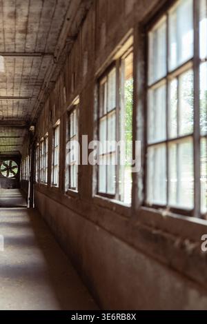 Perspektivischer Blick auf einen verlassenen Industriekorridor mit Reihen identischer Fenster, die dramatische Licht- und Schattenmuster erzeugen. Eine kraftvolle Studie über Symmetrie, Verfall und die Melancholie vergessener Architekturgeschichte. Stockfoto