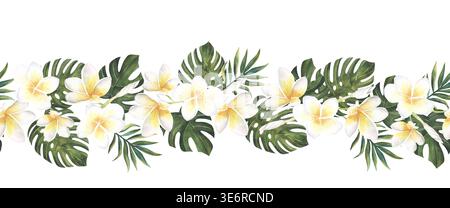 Tropische, nahtlose Grenze mit grünen Blättern und weißen Blumen auf hellem Hintergrund. Botanischer horizontaler Rahmen mit natürlicher Zusammensetzung Stockfoto
