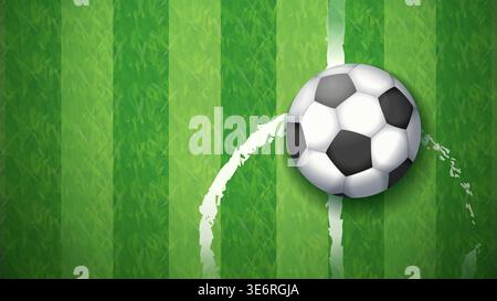 Draufsicht auf einen Fußball auf einem grünen Rasen-Fußballfeld mit weißen Markierungen. Minimalistisches und sauberes Design, geeignet für Sportnachrichten, Spielpläne, Stock Vektor