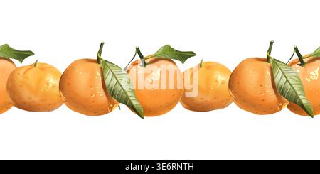 Nahtloses horizontales Muster digital illustrierter reifer Mandarinen mit hintereinander angeordneten grünen Blättern Stockfoto