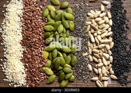 Auswahl von Seeds als Hintergrund, Draufsicht. Gesunde Ernährung Inhaltsstoffe Textur. Kürbiskerne, schwarzes und weißes Sesam, Chia, Sonnenblumenkerne und lins Stockfoto