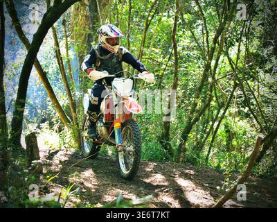 Geländegängige Enduro-Motorradfahrer fahren mit einem KTM-Dirt-Bike durch Waldwege und schlammiges Gelände in Jeffreys Bay. Südafrika Stockfoto
