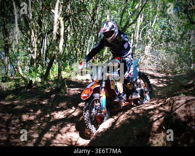 Geländegängige Enduro-Motorradfahrer fahren mit einem KTM-Dirt-Bike durch Waldwege und schlammiges Gelände in Jeffreys Bay. Südafrika Stockfoto