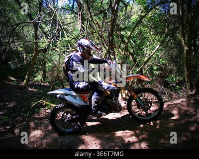 Geländegängige Enduro-Motorradfahrer fahren mit einem KTM-Dirt-Bike durch Waldwege und schlammiges Gelände in Jeffreys Bay. Südafrika Stockfoto