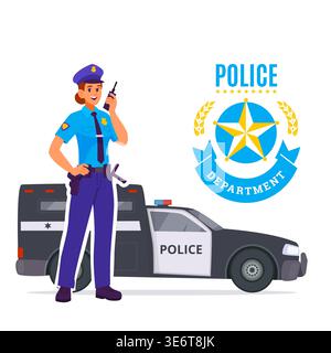 Polizeiabteilung. Polizistin, die in der Nähe eines professionellen Polizeiautos steht Stock Vektor