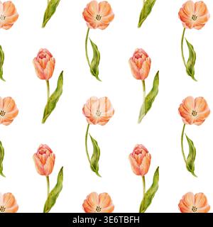 Nahtloses Aquarellmuster, handgezeichnet. Muster von Orangen-, Korallentulpen. Stockfoto