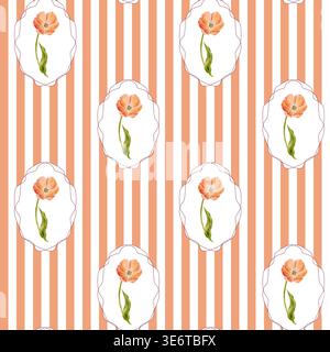 Nahtloses Aquarellmuster, handgezeichnet. Muster von orangen, korallenfarbenen Tulpen auf gestreiftem Hintergrund in Rahmen Stockfoto