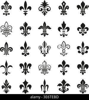 Heraldische Lilien-Ikonen. Fleur de Lis-Embleme, royalschwarze Silhouetten. Mittelalterliche Wappen und Embleme, Symbole der Dynastie. Elegantes Design mit aufgeräumtem Vektor Stock Vektor