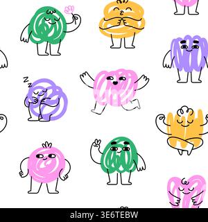 Nahtloses Muster für Scribble-Zeichen. Schlichte Kulisse mit farbenfrohen, emotionalen Maskottchen. Grooviger Druck für Textilien, Tapeten und kreatives Design Stock Vektor