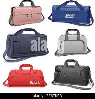 Realistische Fitness-Taschen. 3D Gym Bag Mockup Design, athletische Handtasche für Sport Fit Werkzeug Training Training Trainingsausrüstung Sportbekleidung Ausrüstung isolierte Icon greish Vektor Illustration Original Artwork Stock Vektor